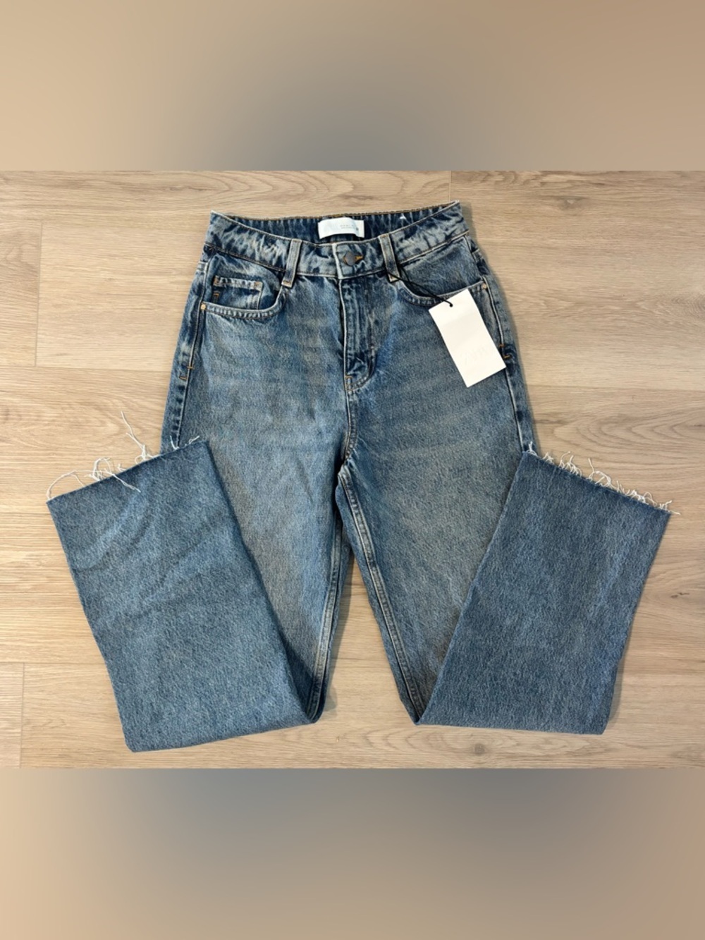 Zara High Waist Mom Jeans Straight-Leg  in Washed Blue Denim MSRP $50